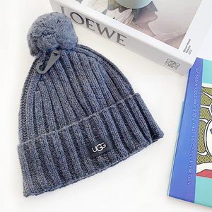 UGG Pompom Solid Rib Knit Beanie Unisex CHARCOAL